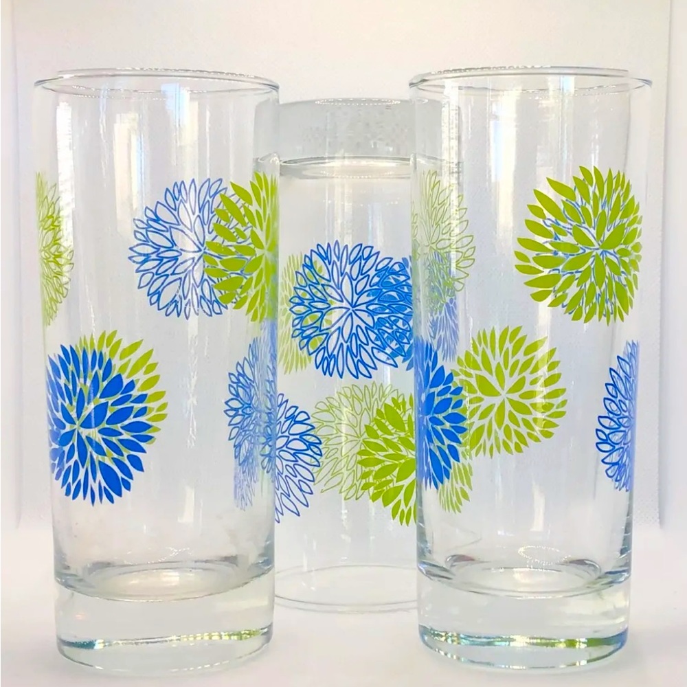 Vintage Trio of Pop Art Flower Highballs Tumblers Coolers -Clear, Blue, Lime EUC